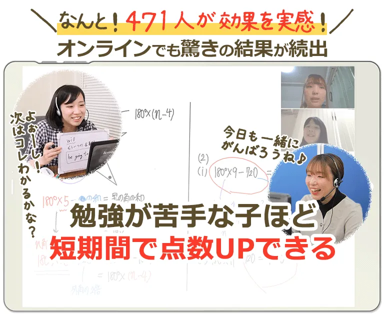 471人が効果を実感！オンラインでも驚きの結果が続出！勉強が苦手な子ほど短期間で点数UPできるオンライン家庭教師